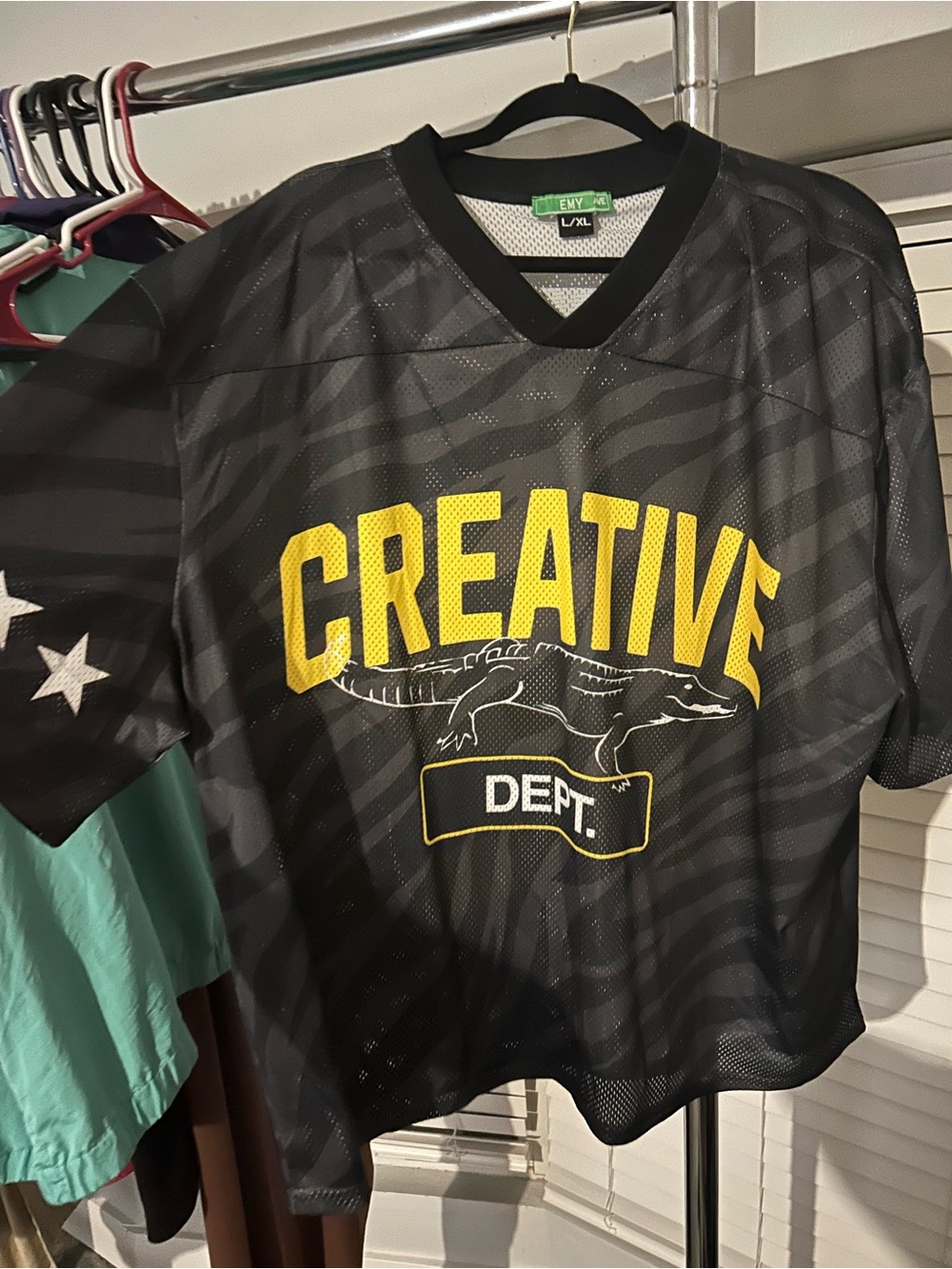 Black Mesh Graphic Jersey with Yellow Print
